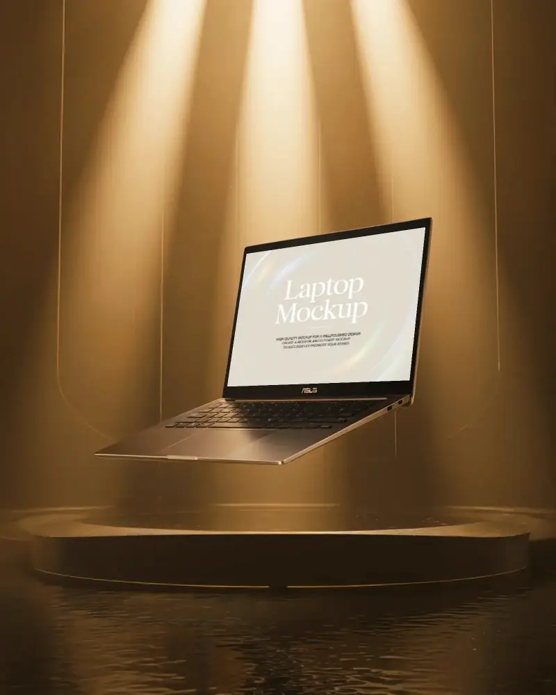 Modern Asus Laptop Mockup Floating Digital Device Under Golden Spotlight In Studio Environment