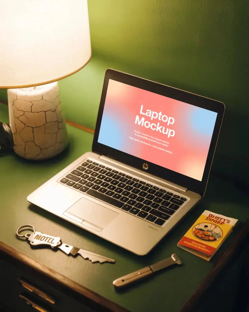 Modern Hp Laptop Mockup Digital Device On Desk In Vintage Motel Room With Retro Decor Setting