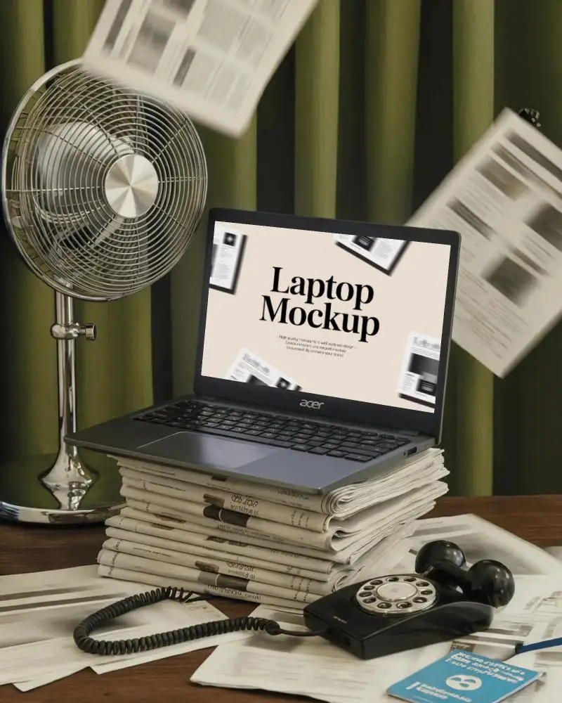 Modern Acer Laptop Mockup Digital Device On Stack Of Newspapers With Vintage Desk Props And Fan