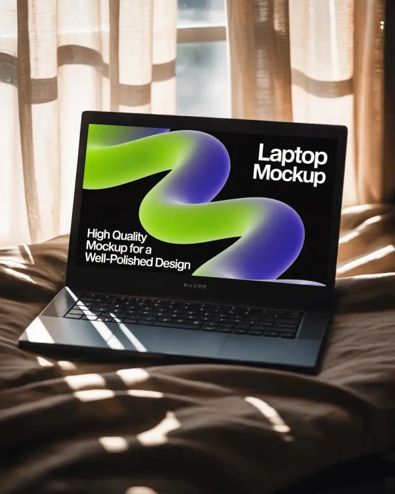Modern Razer Gaming Laptop Mockup Digital Device On Bed In Soft Sunlight Through Curtains