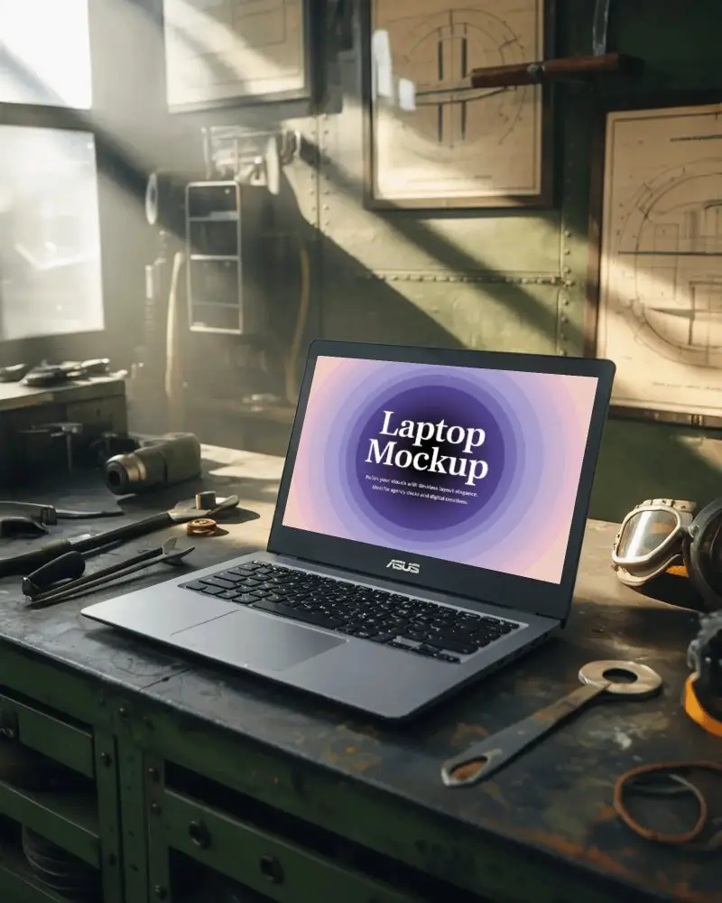 Modern Asus Laptop Mockup Digital Device On Workbench In Industrial Studio With Tools And Drawings
