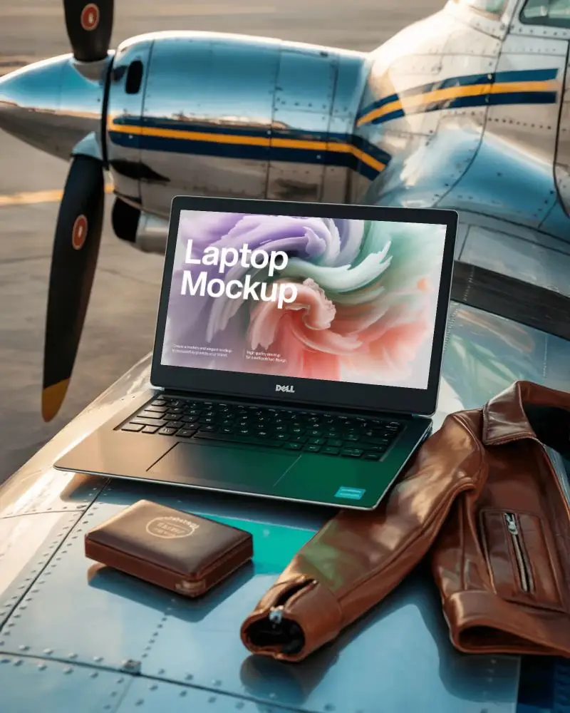 Modern Dell Laptop Mockup Digital Device On Airplane Wing With Leather Jacket And Wallet Styled