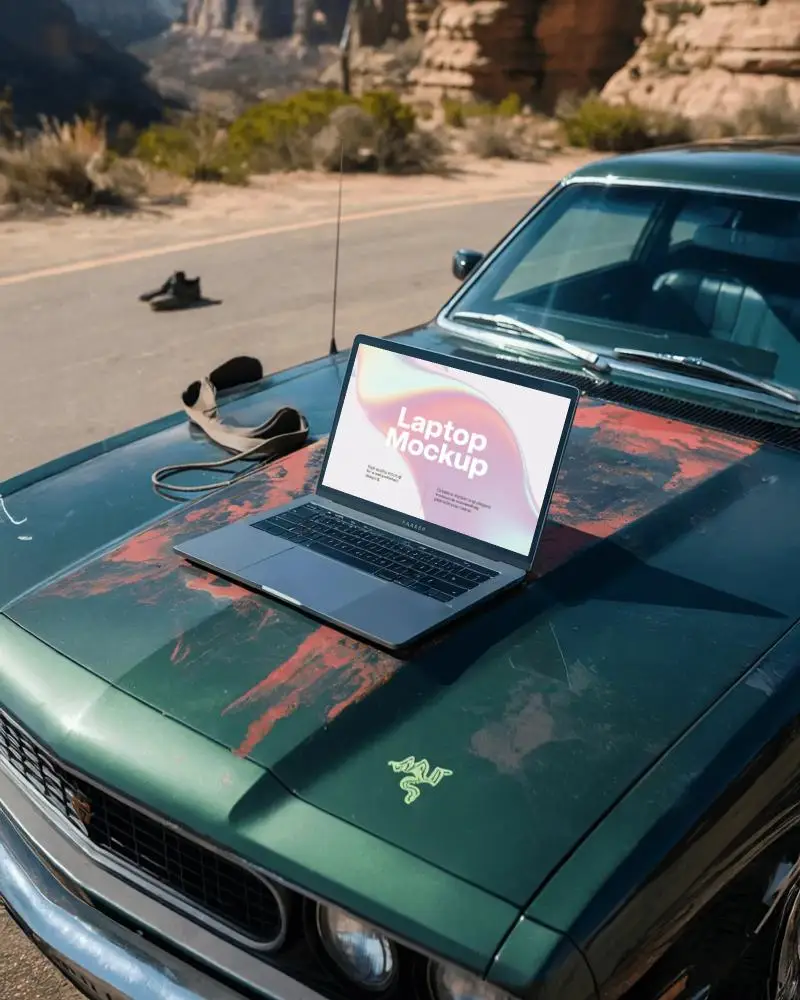 Modern Razer Laptop Mockup Digital Device On Classic Car Hood In Desert Roadside Scenic Setting