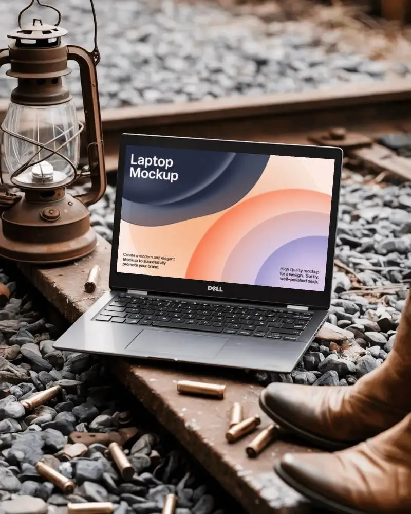 Modern Dell Laptop Mockup Digital Device On Railroad Track With Lantern And Cowboy Boots Styled