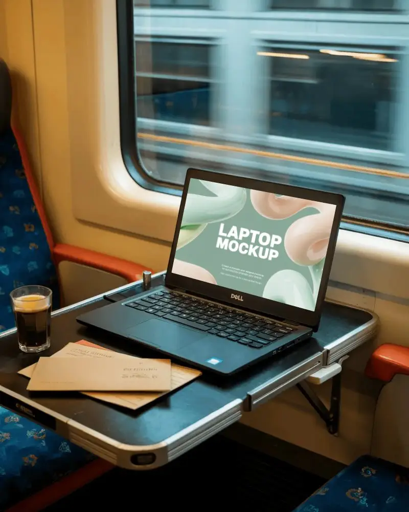 Modern Dell Laptop Mockup Digital Device On Train Table With Coffee And Letters Travel Setting