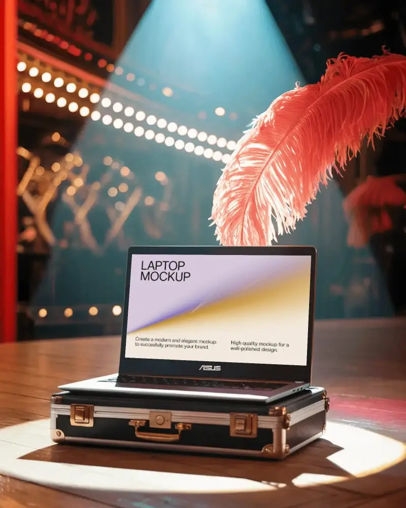 Sleek Asus Laptop Mockup Computer Styled On Case In Theater Setting With Bright Stage Lights