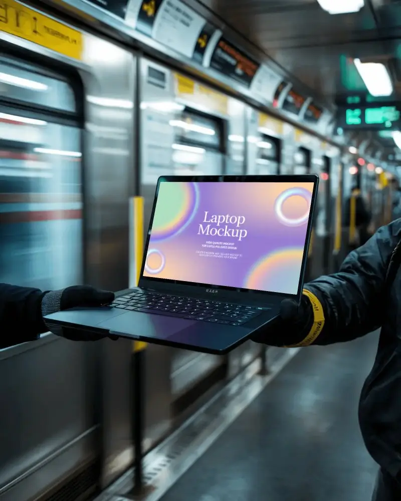 Modern Razer Gaming Laptop Mockup Digital Device Handed Over In Subway Station Urban Setting