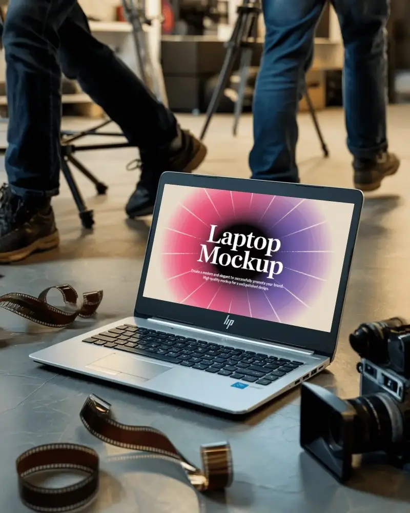 Modern Hp Laptop Mockup Digital Device On Floor With Film Rolls And Camera In Studio Setting