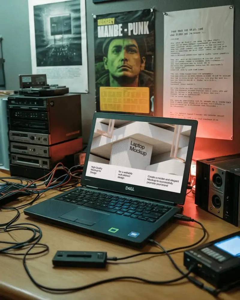 modern-dell-laptop-mockup-digital-device-on-desk-with-vintage-audio-equipment-and-posters