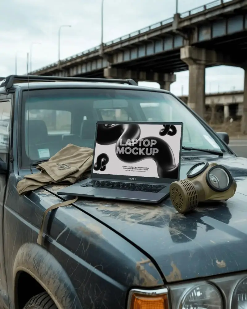 modern-razer-laptop-mockup-digital-device-on-suv-hood-in-urban-setting-with-gas-mask-and-gear