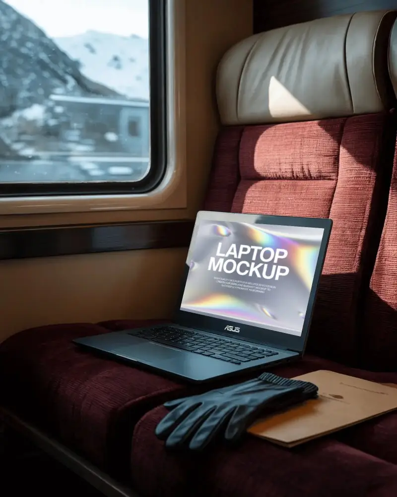 modern-asus-laptop-mockup-digital-device-on-train-seat-with-gloves-and-folder-in-travel-setting