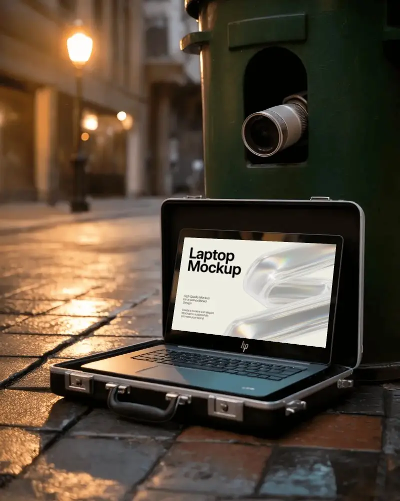 modern-hp-laptop-mockup-digital-device-in-briefcase-on-wet-street-with-surveillance-camera