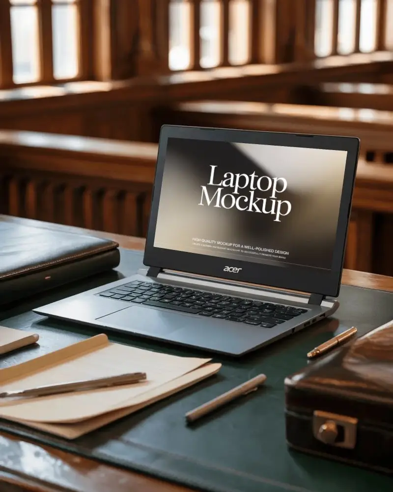 modern-acer-laptop-mockup-digital-device-on-desk-in-library-with-notebooks-and-briefcases