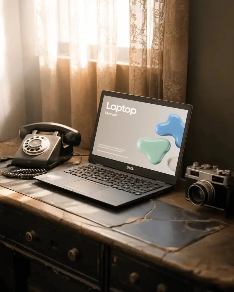 modern-dell-laptop-mockup-digital-device-on-vintage-desk-with-rotary-phone-and-camera-in-light