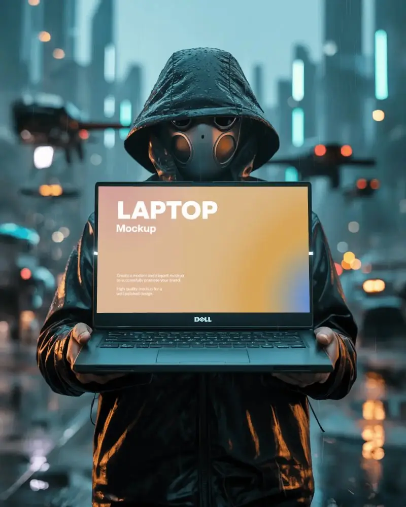cyberpunk-style-dell-laptop-mockup-mysterious-hooded-person-in-urban-nightscape