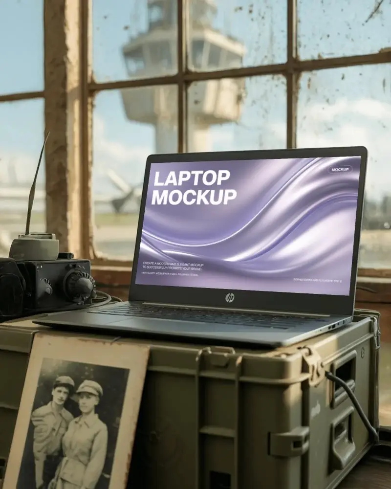 rustic-window-hp-laptop-mockup-in-abandoned-control-tower-with-military-artifacts-around