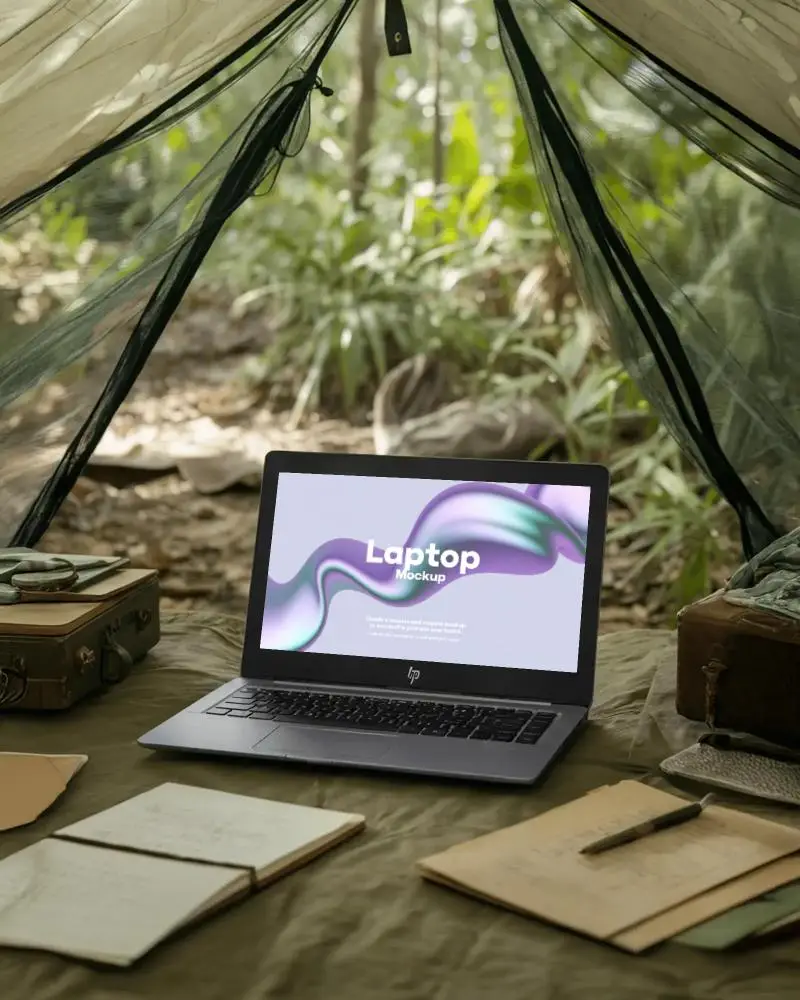 hp-laptop-mockup-in-forest-camp-tent-surrounded-by-journals-and-old-bags