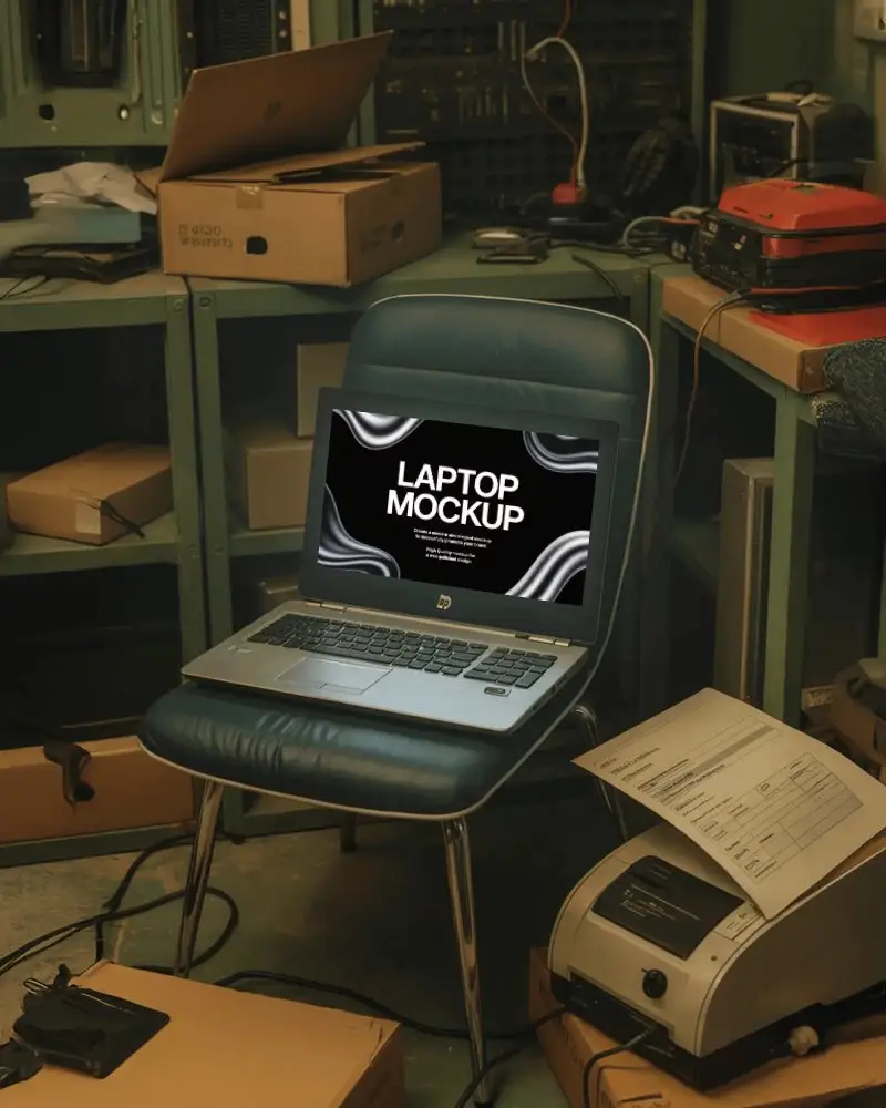 industrial-workshop-hp-laptop-mockup-on-chair-with-printer-and-cardboard-boxes