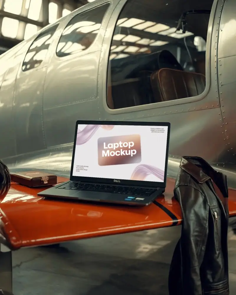 dell-laptop-mockup-on-vintage-plane-wing-in-industrial-hangar-with-pilot-gear