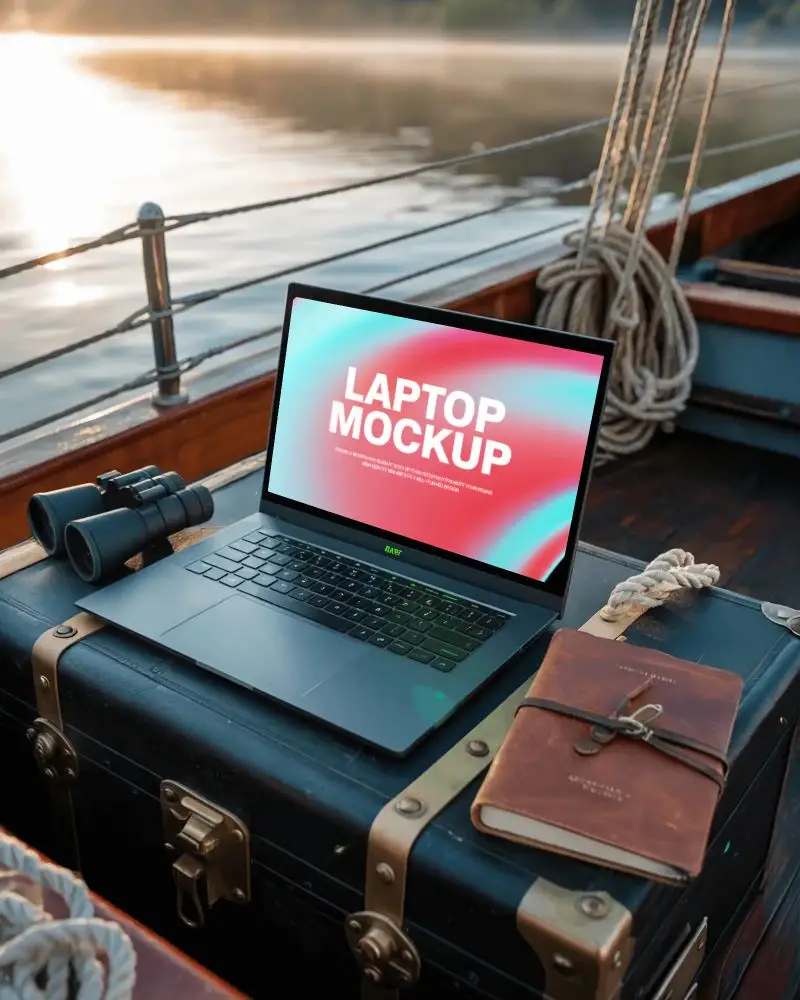 nautical-scene-razer-laptop-mockup-on-ship-deck-with-binoculars-and-leather-journal