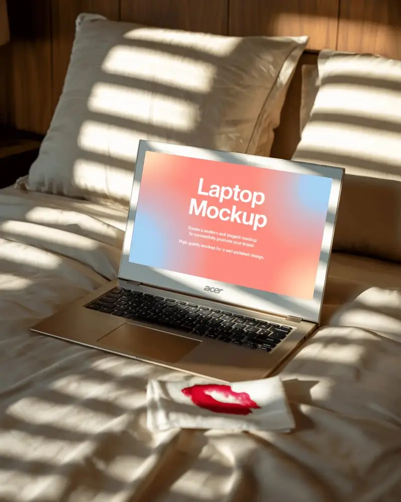 acer-laptop-mockup-in-warm-lighting-on-bed-with-red-lip-mark-napkin