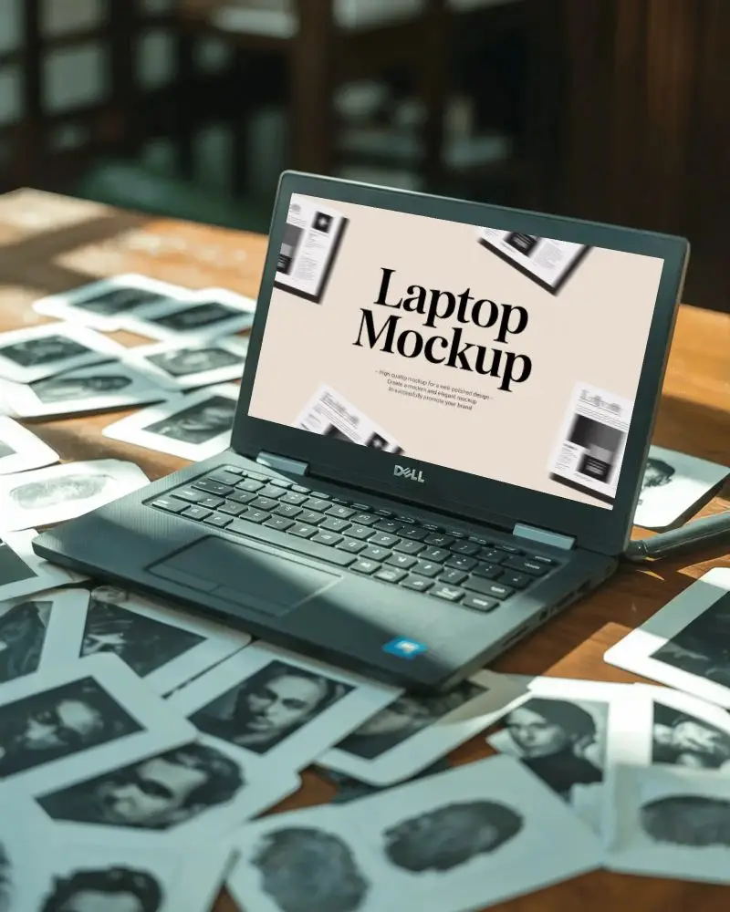 dell-laptop-mockup-on-desk-surrounded-by-black-and-white-portrait-photographs