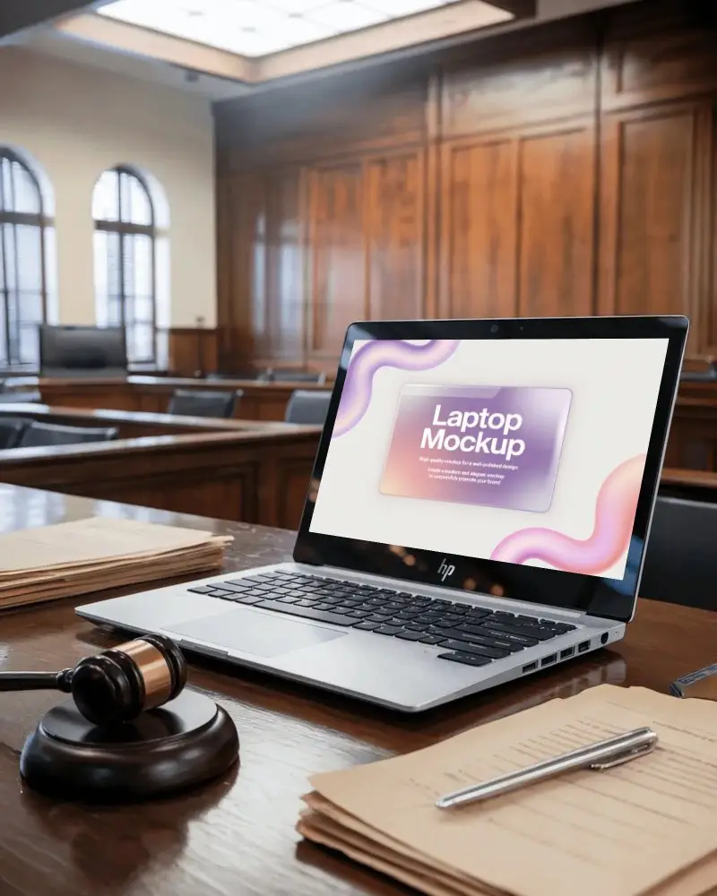 Hp Laptop Mockup In Courtroom Setting With Judge Gavel And Legal Documents On Wooden Desk