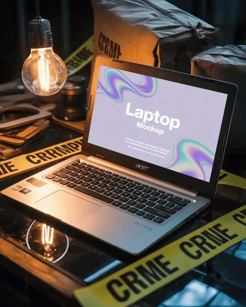Acer Laptop Mockup On Desk Surrounded By Crime Scene Tape And Evidence Bags In Moody Light