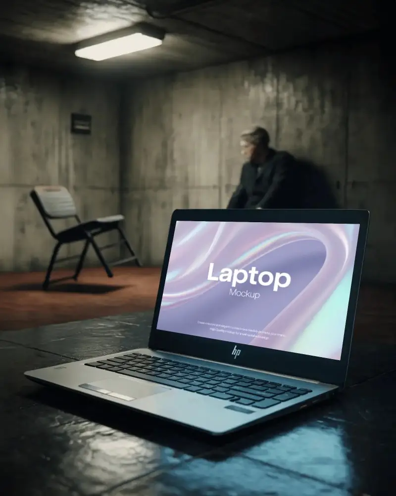 Dramatic Hp Laptop Mockup On Table In Moody Interrogation Scene With Suspect In Background