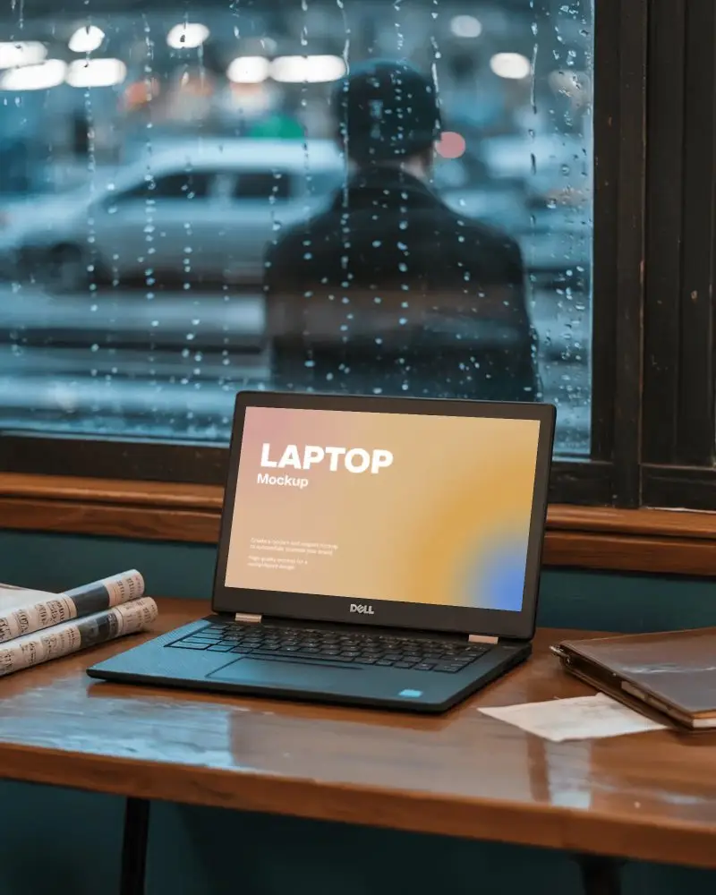 Dell Laptop Mockup On Wooden Desk By Window With Raindrops And Blurred Figure Outside