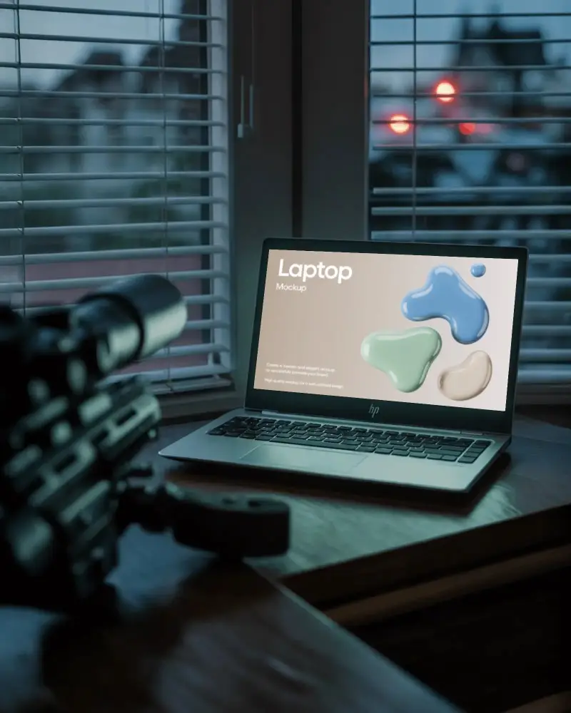 Moody Hp Laptop Mockup By Window With Blurred Cityscape And Evening Ambience Visible