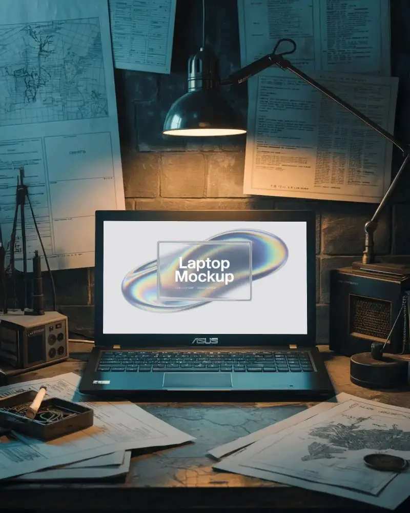 Vintage Detective Style Asus Laptop Mockup With Blueprints And Paperwork Under Lamp