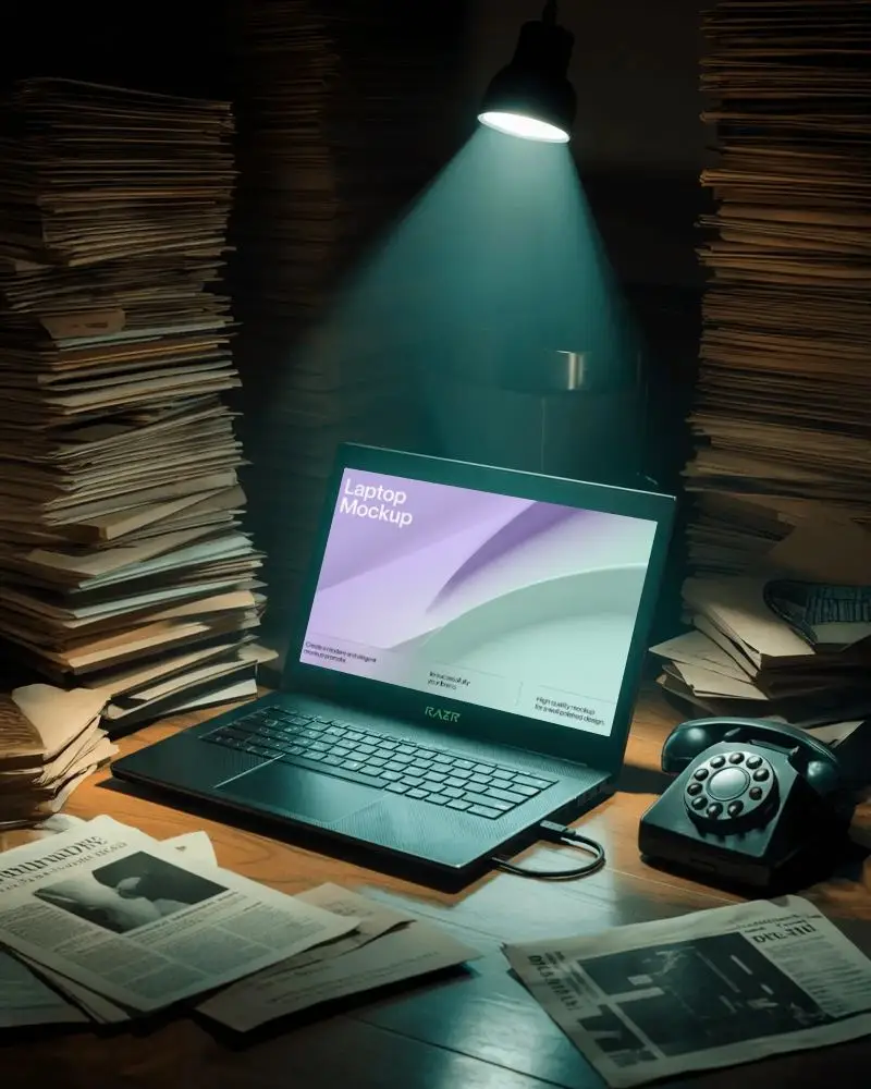 Razer Laptop Mockup On Wooden Desk With Spotlight Surrounded By Stacks Of Paper Files