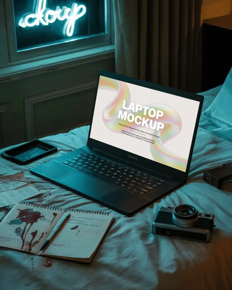 Dark Themed Razer Laptop Mockup In Motel Room With Bloody Notes And Vintage Camera