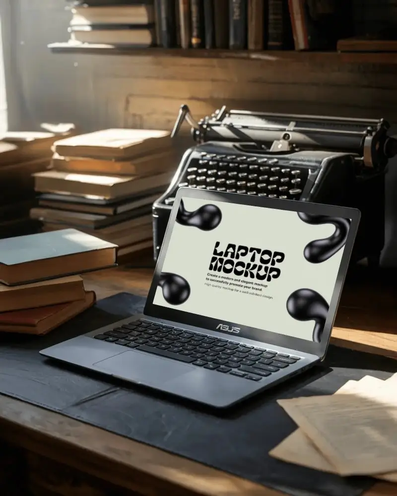 Asus Laptop Mockup On Desk With Vintage Typewriter Old Books And Warm Sunlight Glow