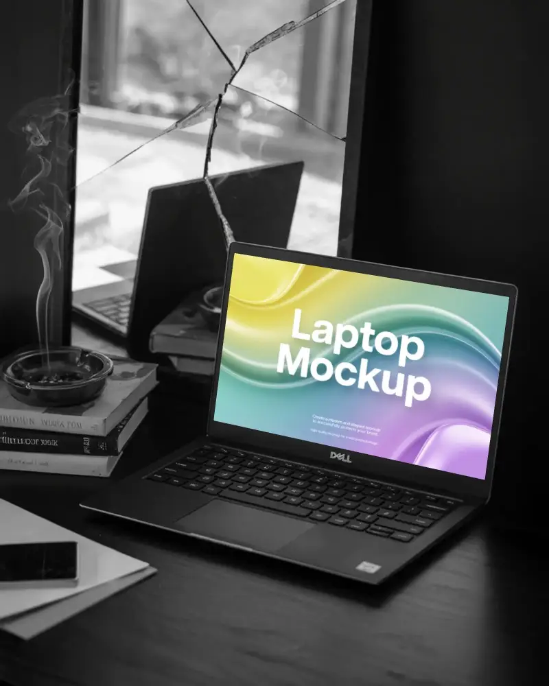 Dell Laptop Mockup In Moody Black And White Scene With Broken Mirror And Smoking Ashtray