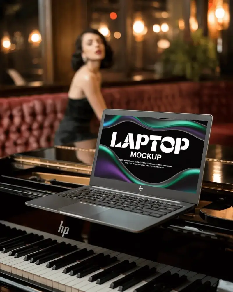 Hp Laptop Mockup On Grand Piano In Luxury Lounge With Elegant Woman In Background