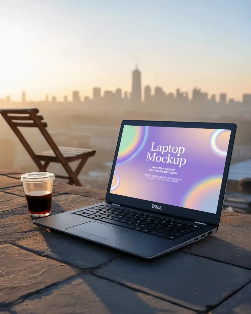 Dell Laptop Mockup On Rooftop With City Skyline View And Coffee Cup During Sunset