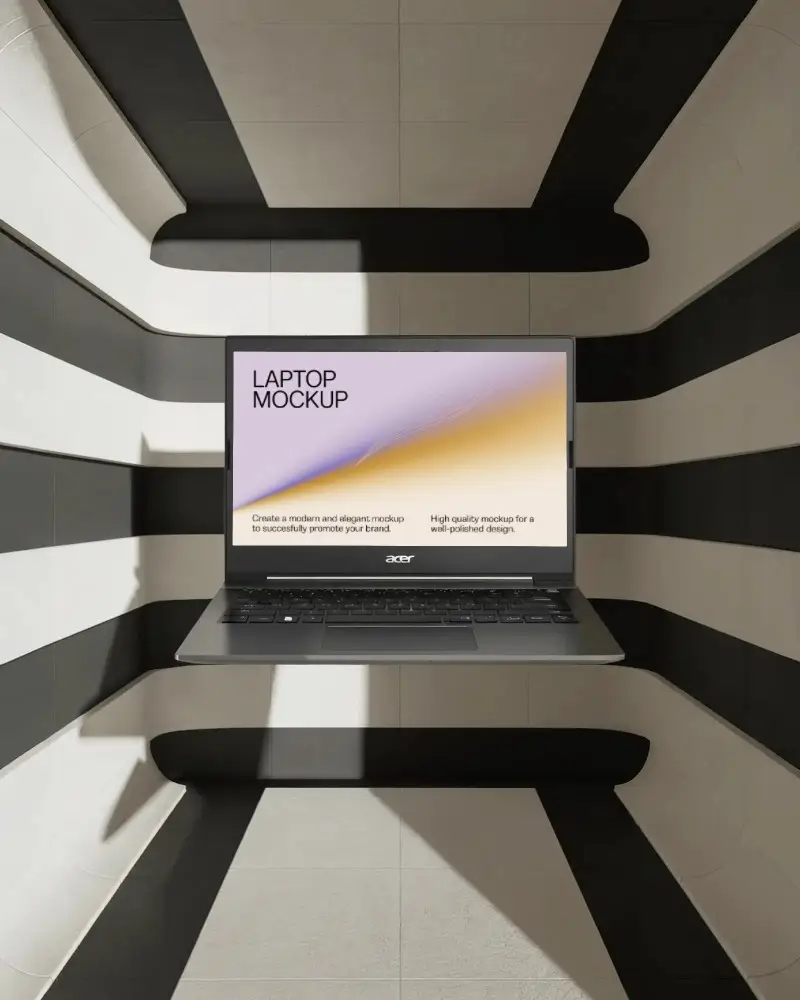 Acer Laptop Mockup In Modern Abstract Room With Black And White Striped Walls And Light