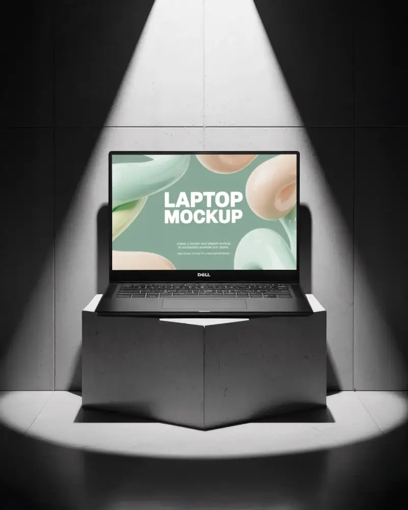Dell Laptop Mockup On Geometric Pedestal With Dramatic Spotlight In Modern Minimal Scene