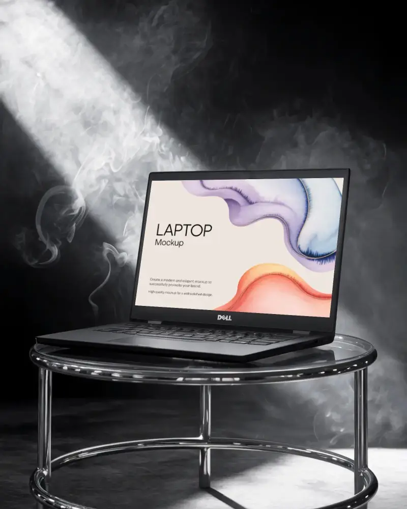 Dell Laptop Mockup On Modern Round Table With Dramatic Smoke And Spotlight In Dark Room