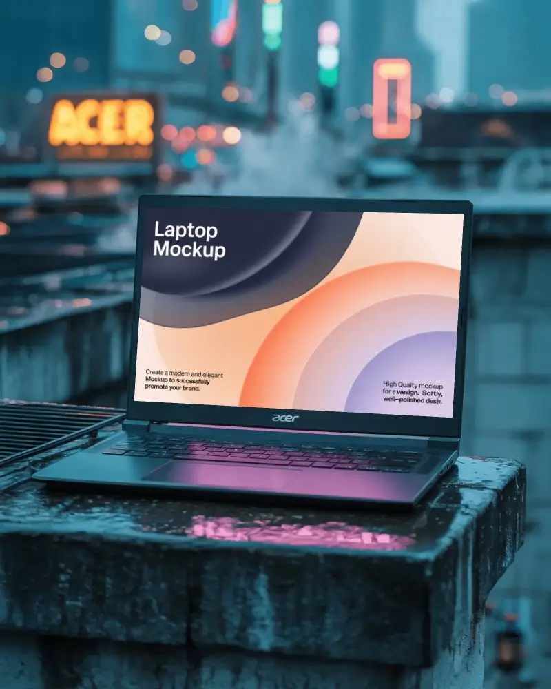 Acer Laptop Mockup On Rooftop Edge With Neon City Lights And Moody Urban Night Vibes