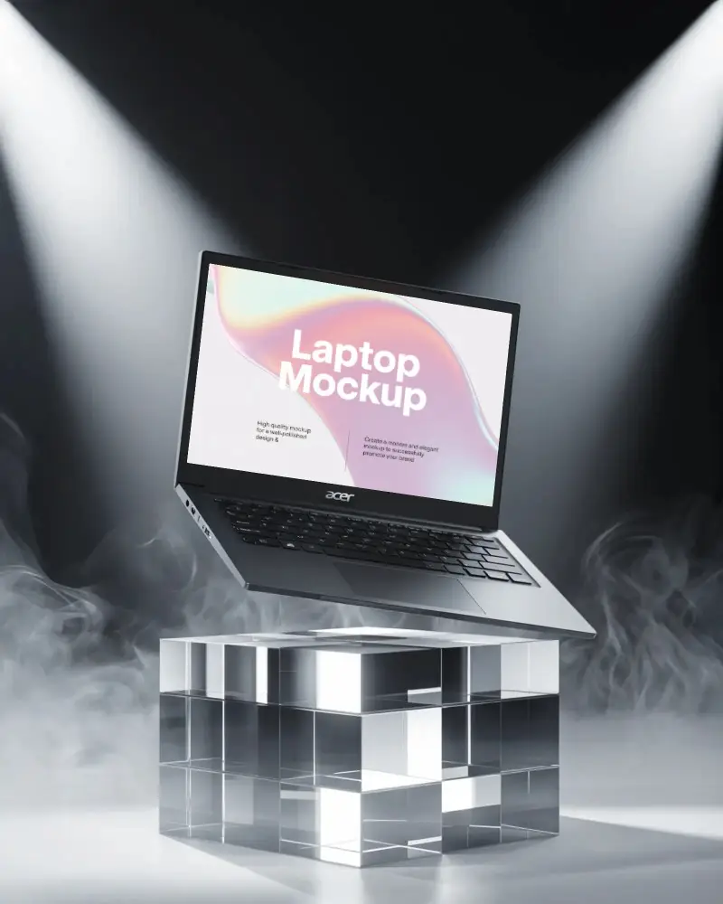 Acer Laptop Mockup Floating Above Glass Pedestal With Dramatic Spotlights And Smoke