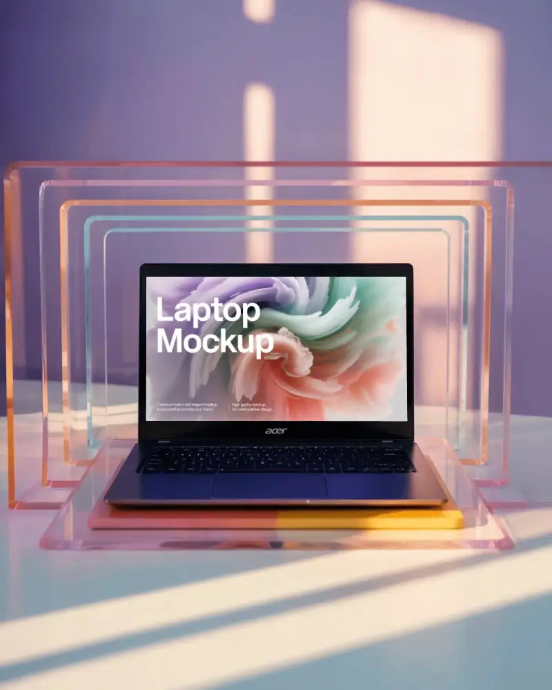 Acer Laptop Mockup On Colorful Acrylic Frames With Modern Geometric Design And Sunlight