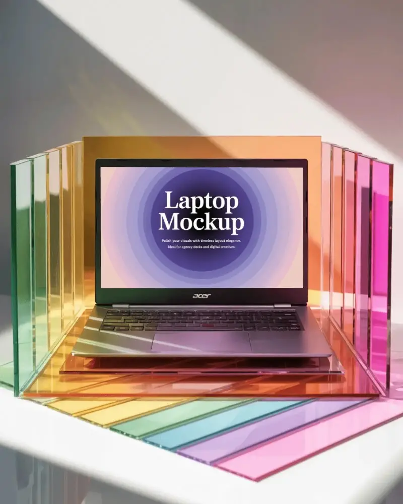 Acer Laptop Mockup On Rainbow Colored Acrylic Panels With Bright Sunlight And Modern Style