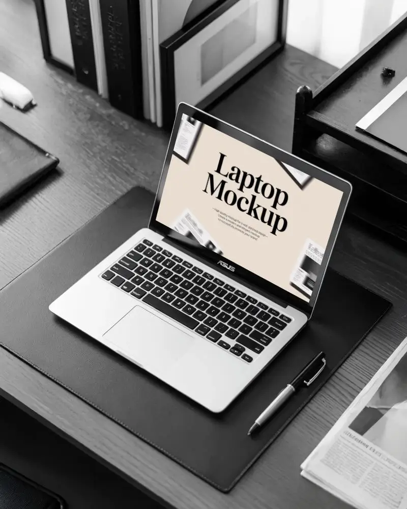 Asus Laptop Mockup On Modern Desk With Pen Newspaper And Monochrome Office Style