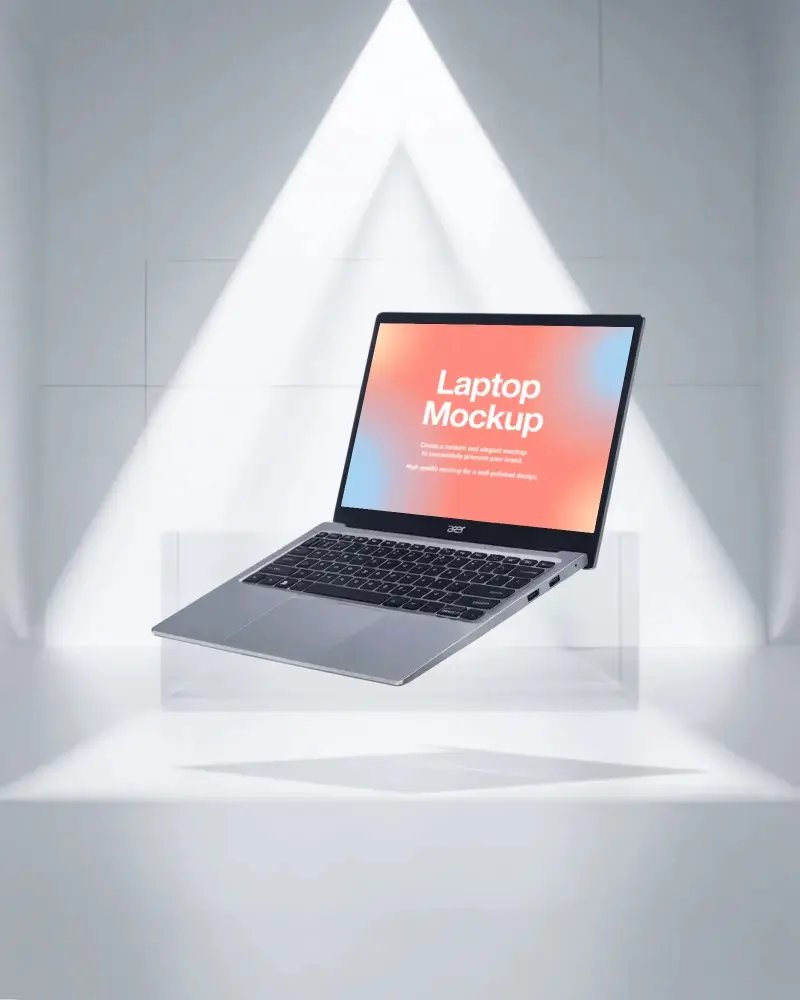 Acer Laptop Mockup Floating In Minimal White Studio With Bright Spotlights And Clean Design