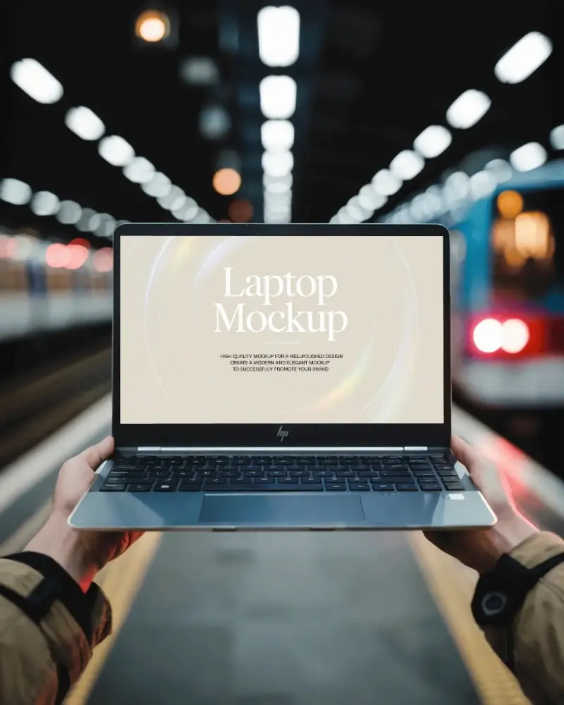 Hp Laptop Mockup Held In Hands At Modern Train Station With Blurred Lights And Subway Vibes