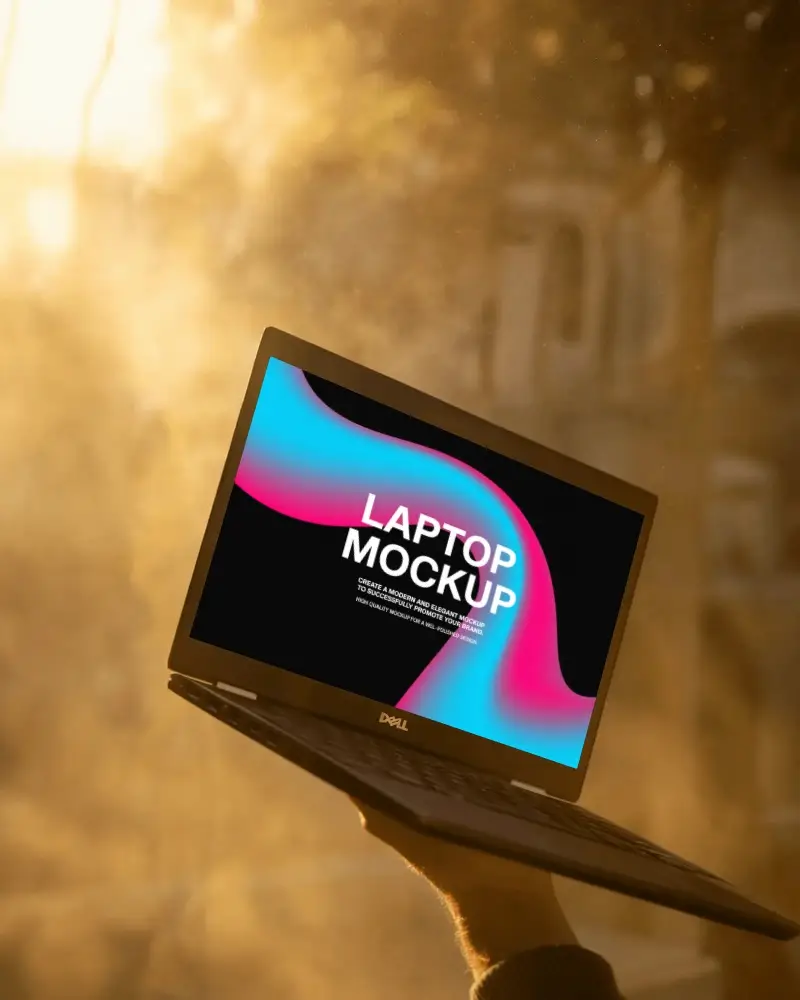 Dell Laptop Mockup Handheld In Bright Sunset Light With Warm Golden Background Glow