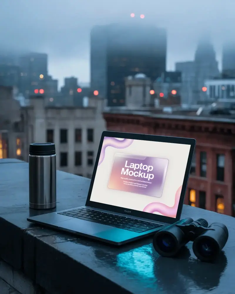 Razer Gaming Laptop Mockup On Urban Rooftop With City Skyscrapers And Misty Night Atmosphere